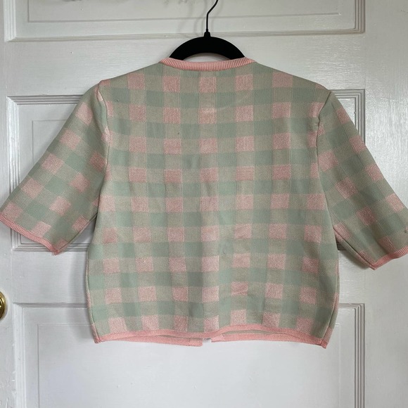 Zara green pink plaid short sleeve button up cardigan sweater, Sz M - Picture 4 of 9